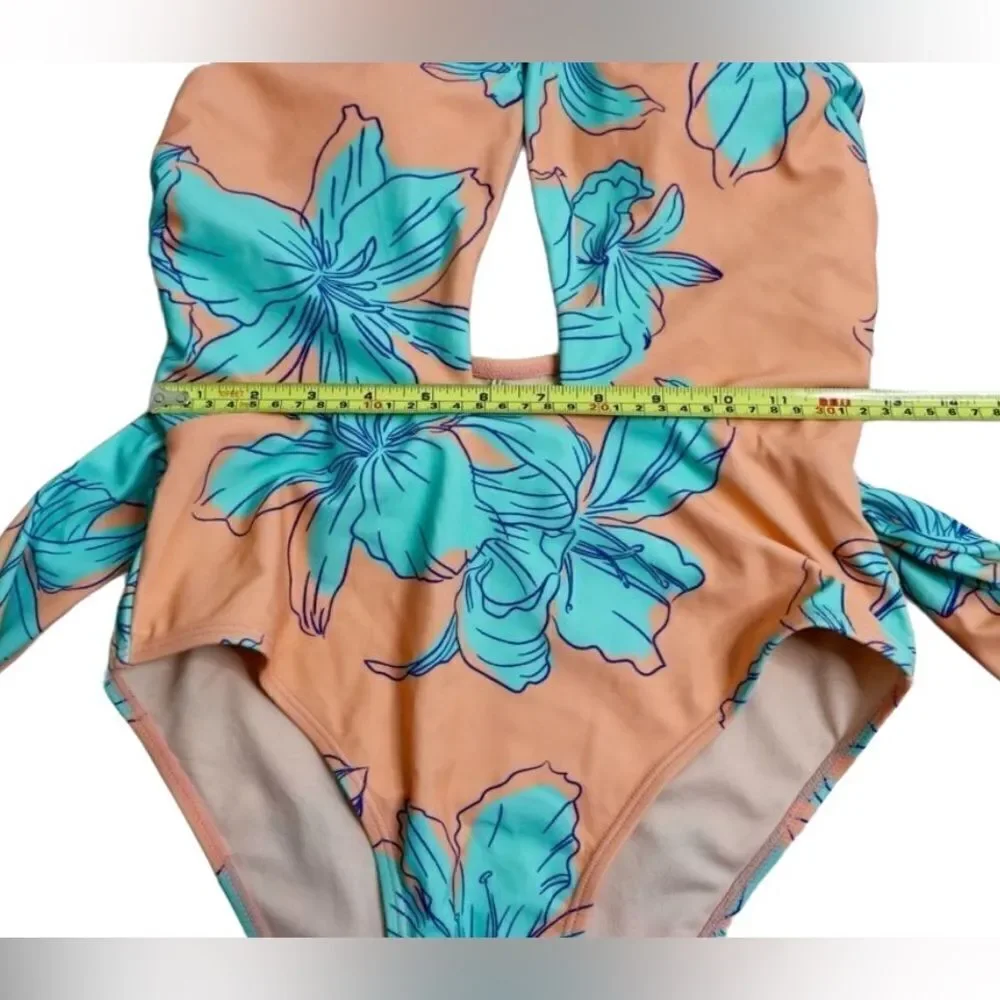 Cupshe Blooming Flowers Wrap‎ Neck One Piece Swimsuit LARGE Hawaiian Beach NWT